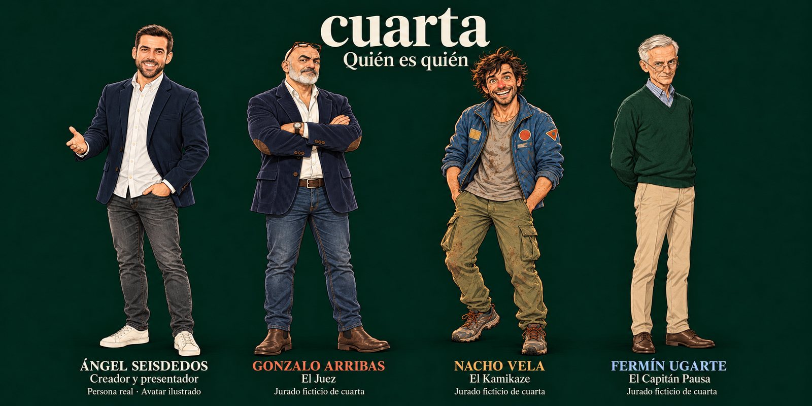 Quién es quién en cuarta, de izquierda a derecha: Ángel Seisdedos, presentador; Gonzalo Arribas, Nacho Vela y Fermín Ugarte, jurado ficticio